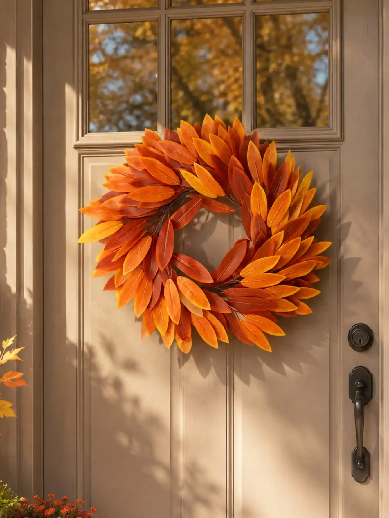 1pc Artificial Orange Eucalyptus Autumn Front Door Wreath, Warm Tone Faux Leaf Harvest Wreath, Rustic Farmhouse Style Thanksgiving Halloween Porch Wall Decor, Seasonal Outdoor Indoor Entryway Fireplace Window Hanging Wreath, Home Autumn Holiday Decoration