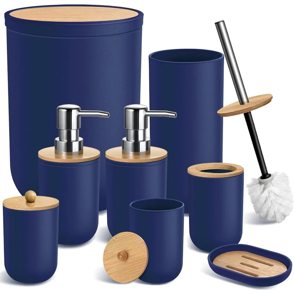 

Синий набор аксессуаров для ванной комнаты, 8-упаковка темно-синих наборов аксессуаров для декора ванной комнаты в комплекте с мусорным бамбуковым дозатором мыла для ванны