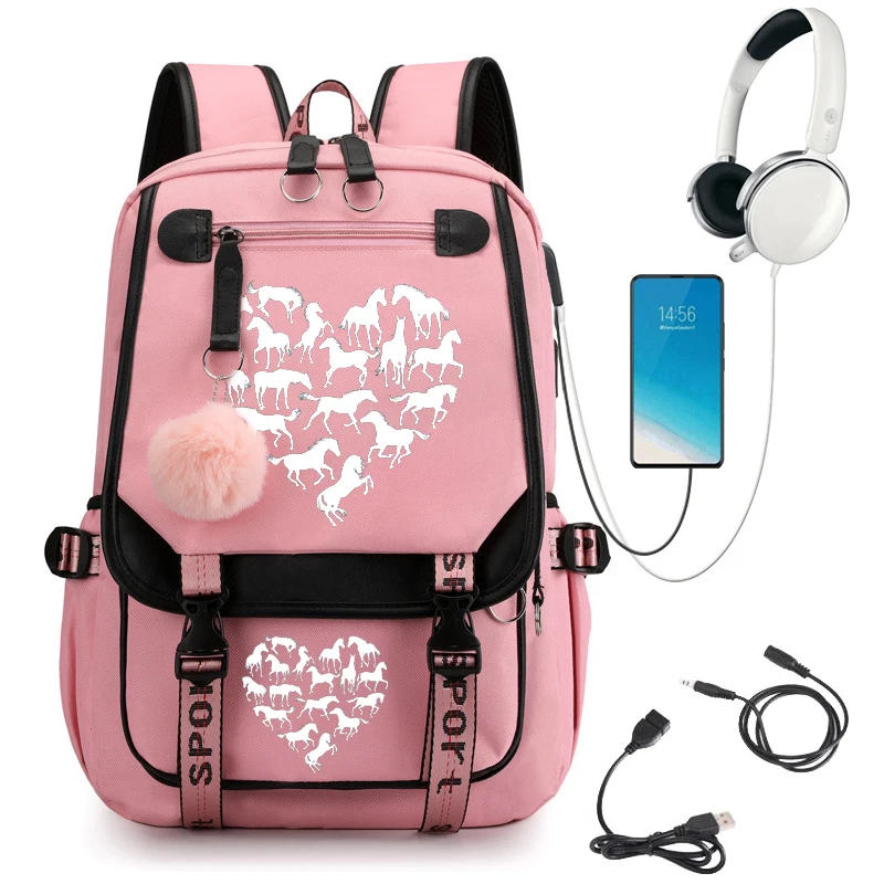 Paard Hart Anime Schooltas Voor Meisjes Grote Student Rugzak Middelbare School Student Rugzak Tassen Cartoon Bagpack Usb Boekentassen