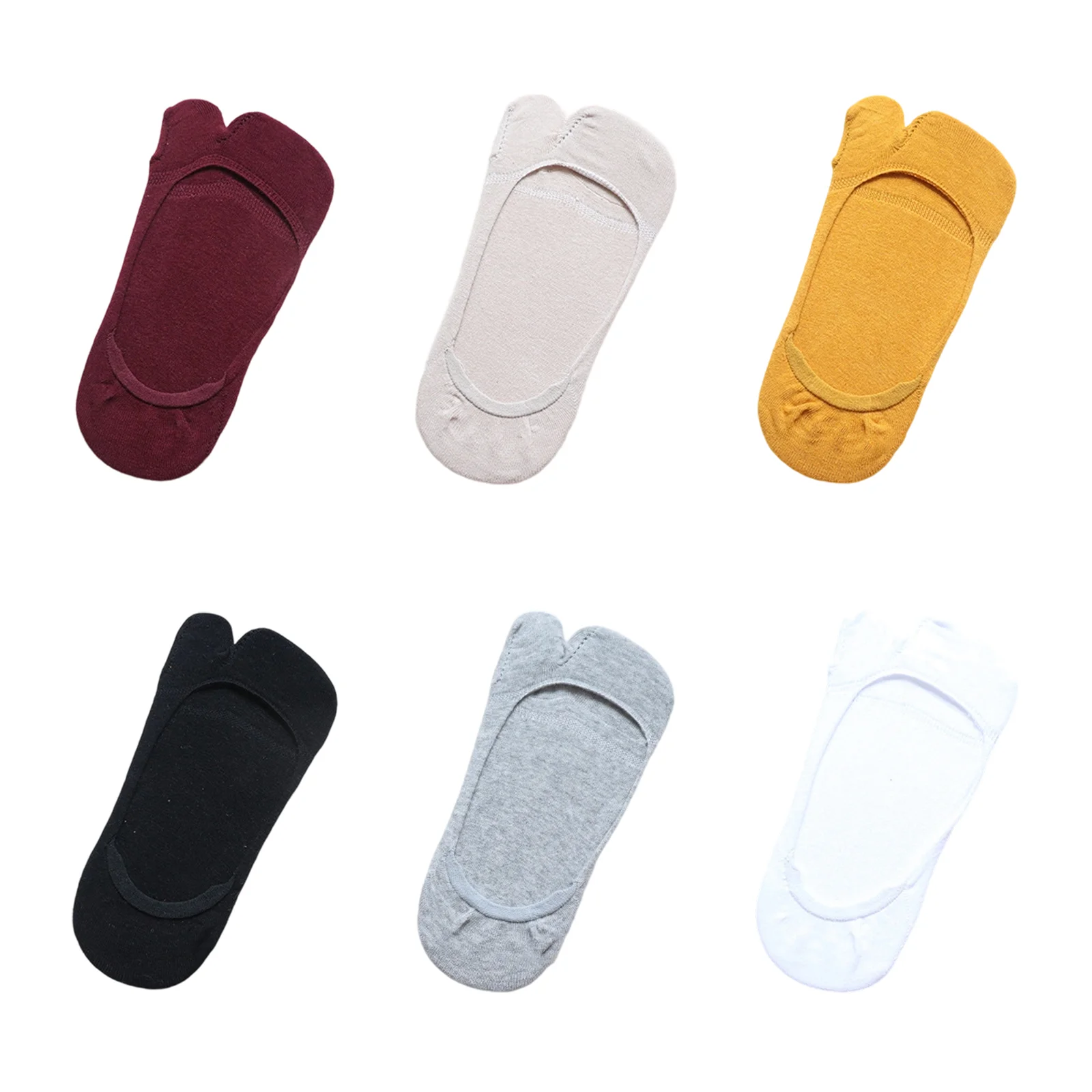 Set of 6 pairs of tabi socks, including burgundy, beige, yellow, black, gray and white tabi-resistant boat socks