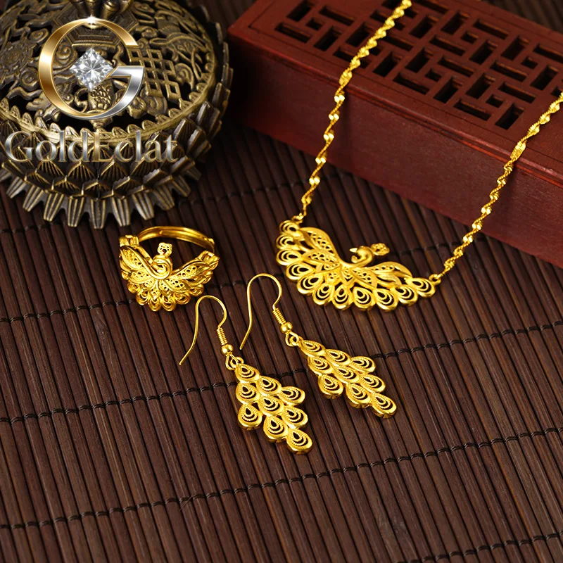 

GoldEclat Luxury 24K 9999 Pure Gold real gold Women's Vintage Phoenix Pendant Necklace Earrings Hollow Ring