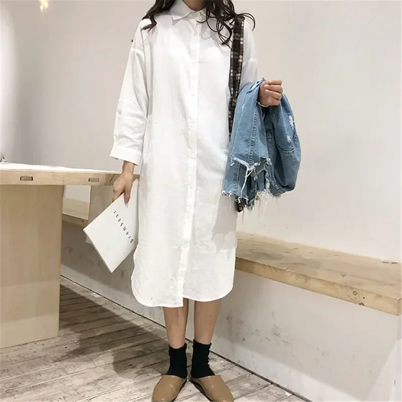 Lange Witte Overhemd Jurk Voor Vrouwen Linnen Katoen 2024 Lente Zomer Casual Koreaanse Kleding Vintage Oversized Midi Robe