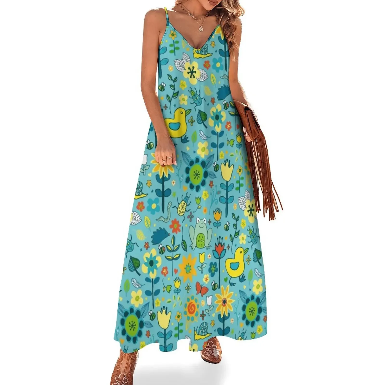 

Ducks and Frogs in the Garden - Aqua and Lemon - floral pattern by Cecca Designs Sleeveless Dress Long dress woman