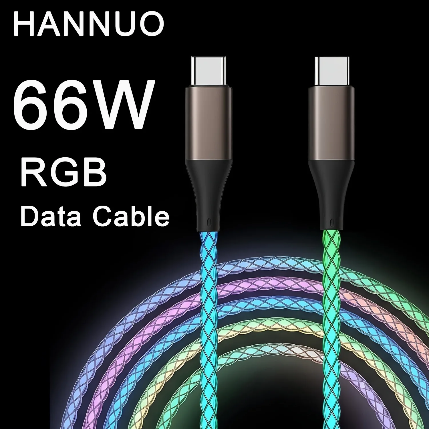 

HANNUO 66W RGB Cable Fast Charging Cable Breathing Light Type C USB C Data Cable For iPhone 16 17 Xiaomi Samsung Huawei Macbook