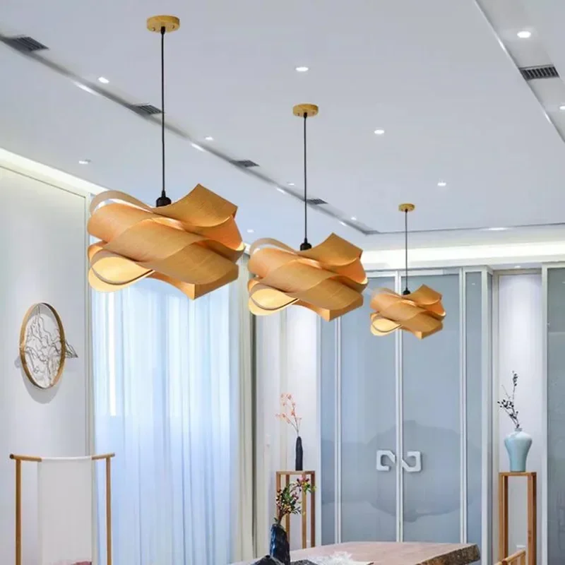 

Modern Wood Skin Hanging Lamps Creative Wood Pendant Lights for Loft Dining Room Bedroom Kitchen