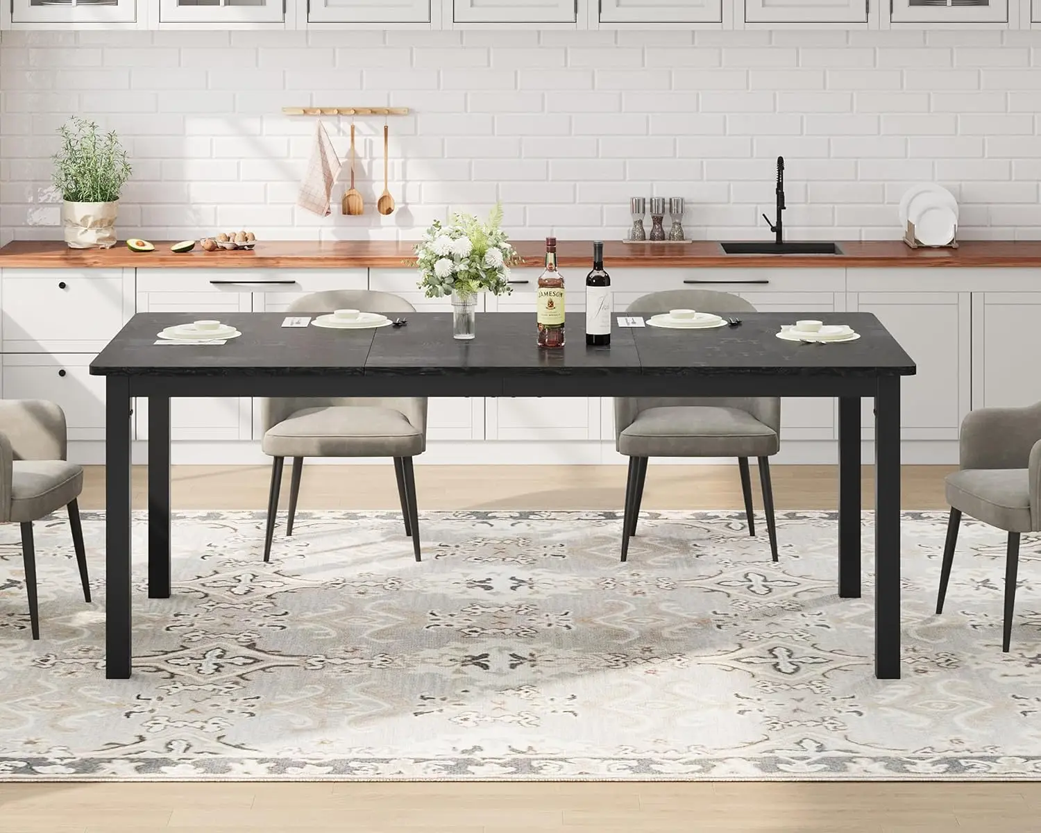 79 Inch Industrial Dining Table, Large RecKitchen Table with Metal Legs, Round Corners, Wooden Conference Tables Writing Desk