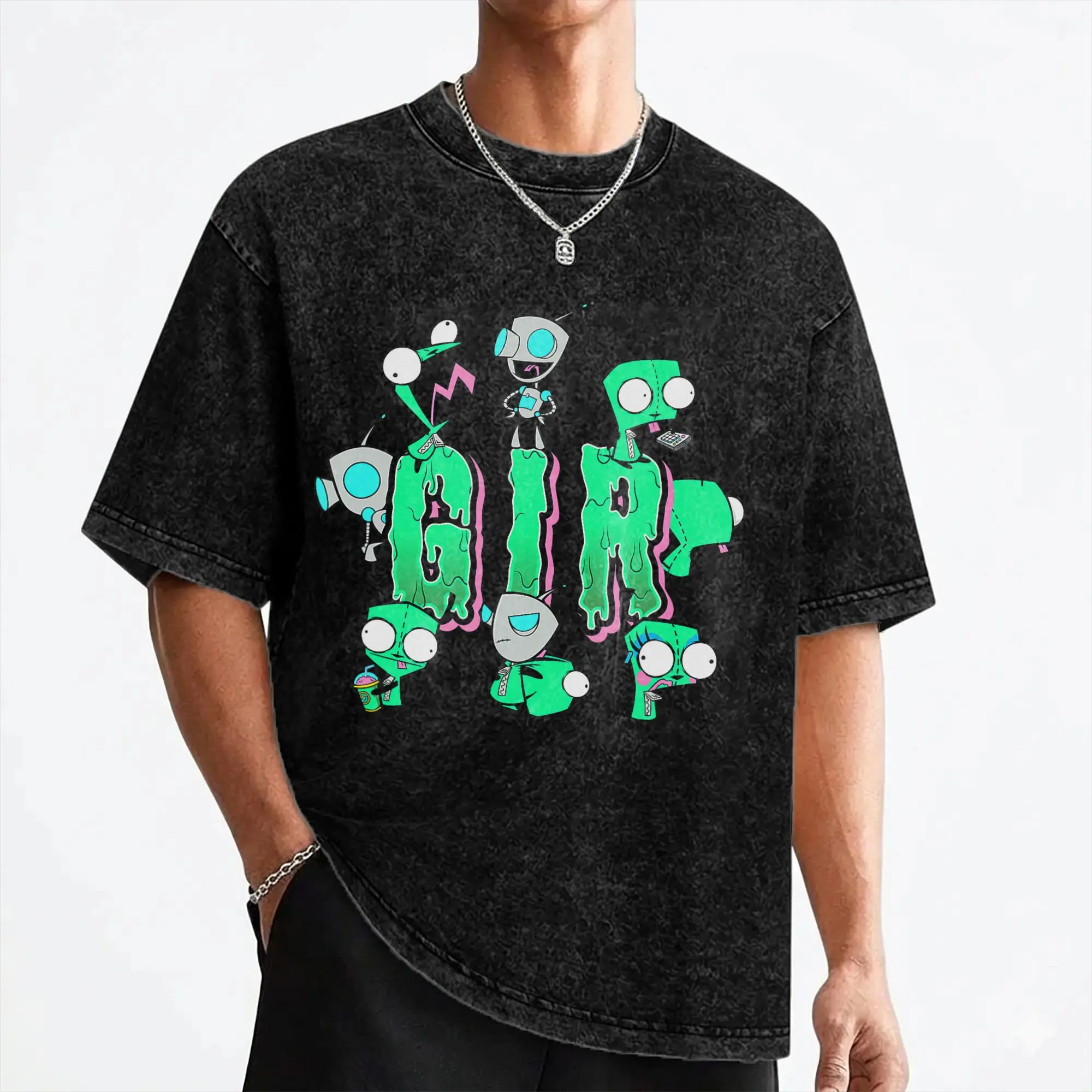 Cartoon Invaders Zim Gir Washed T Shirts Streetwear Vintage T-Shirt  Tees Tops Men Women Short Sleeve Harajuku Graphic