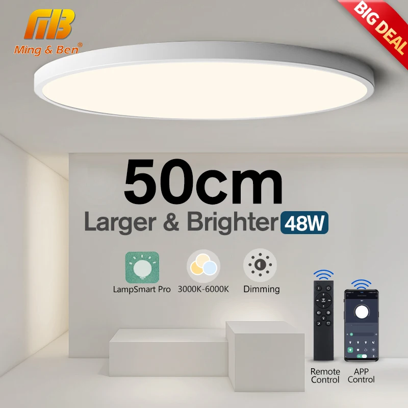 grande lampada do teto led com controle remoto luzes inteligentes luminaria regulavel iluminacao interior decoracao da sala de estar 48w 50cm 01