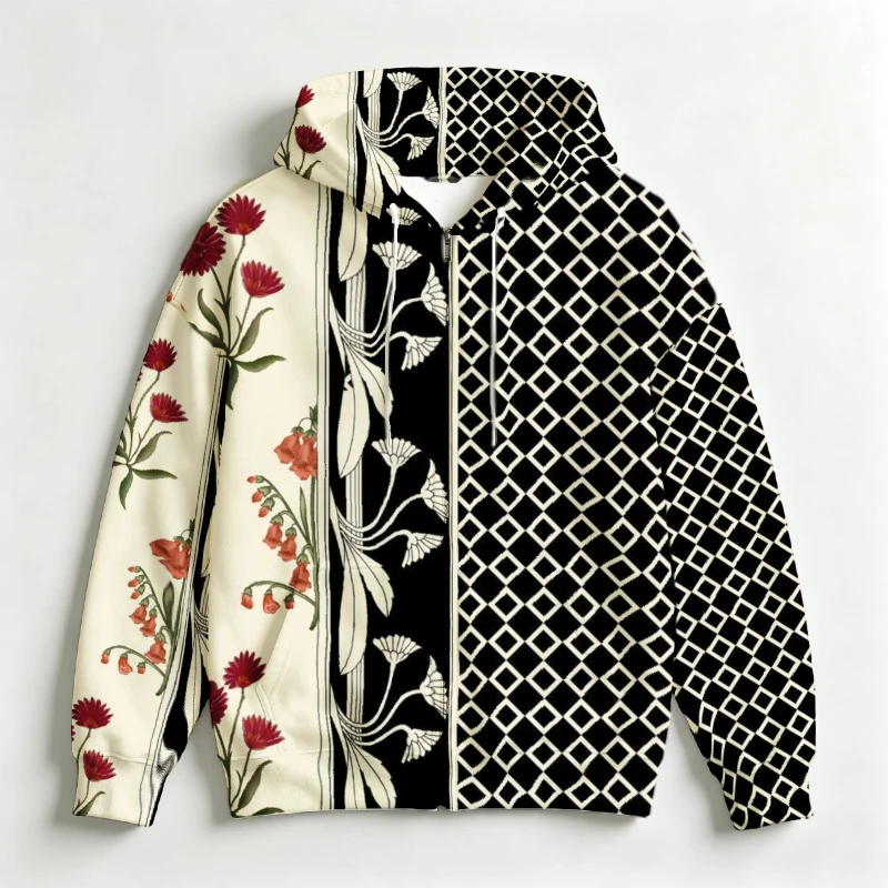 Men Zip Hooded Sweatshirt 3D Boho Floral Geometric Stripe Graphic Drawstring Trendy Daily Outer Garment For Male