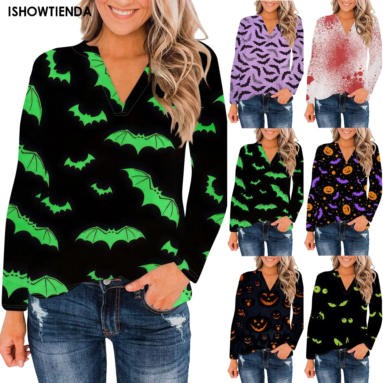 Womens Halloween Tunic Tops V Neck Shirts Long Sleeve Summer Halloween Casual Blouses Halloween Print Work Blouse Fashion Tops