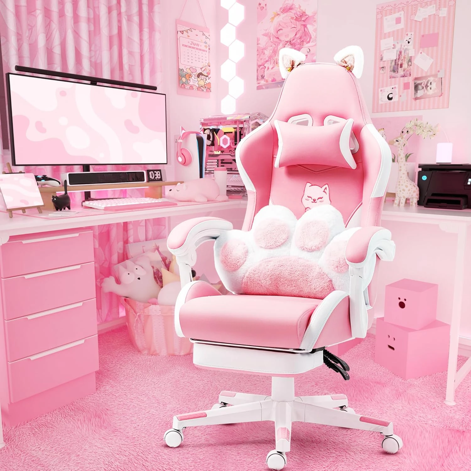 Pink Gaming Chair with Cat Paw Lumbar Cushion and Cat Ears, Ergonomic Computer Chair with Footrest, Reclining PC Game Chairs