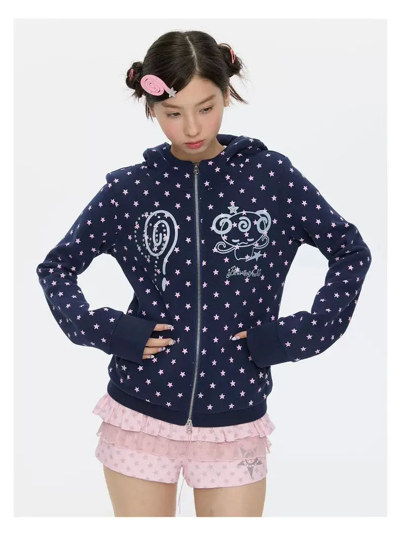 2000年代のかわいい角付きジップアップパーカー、ピンクの星柄とキュートな漫画の星、Y2K風、キュートな悪魔のフード付きジャケット、スイートなE-girls向け