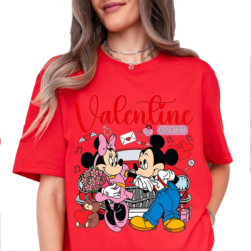 Disney Mickey Minnie Valentines Print Women's T-Shirt Cotton Short Sleeve Casual Top Holiday Gift