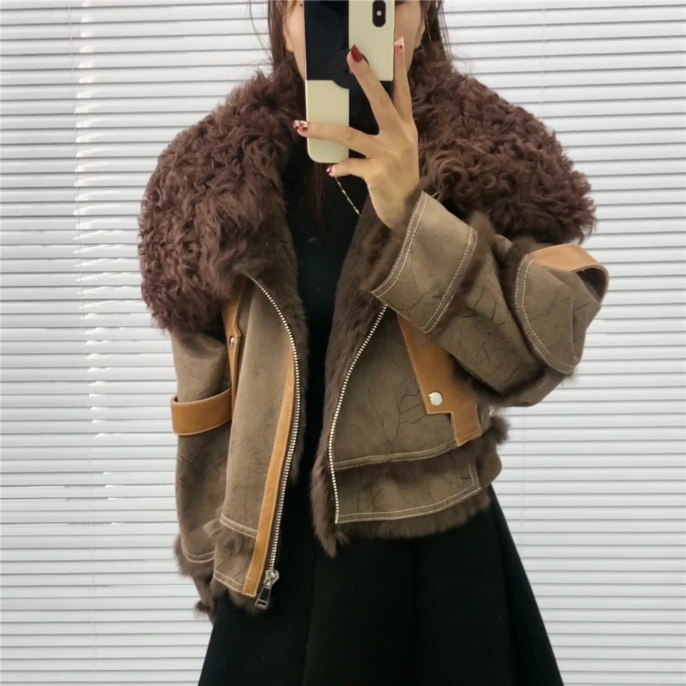 2023 Winter New Genuine Fur Coat Women Double Faced Rabbit Fur Jacket Fashion Wool Collar Lapel Moto Biker Style Jacket Y3067