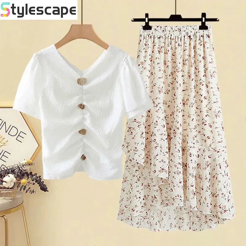 

Женский летний костюм большого размера, женский утягивающий темперамент, шифоновая футболка, юбка с высокой талией, комплект из двух предметов, комплекты юбок