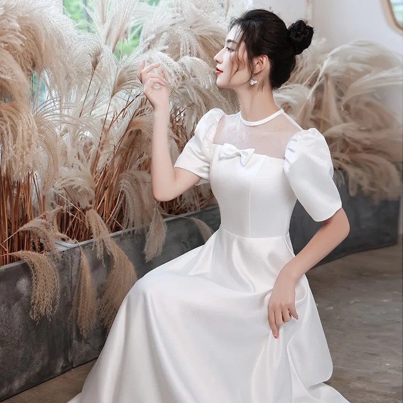 

White Bandage Bride Wedding Dressing Gown Women Elegant Qipao Puff Sleeve Bow Vestidos Solid Satin Robe De Soiree Long Cheongsam