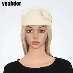 Womens Beret Hat Vintage British Felt Pillbox Derby Hat with Bowknot Veil Elegant Fascinator for Church Cocktail