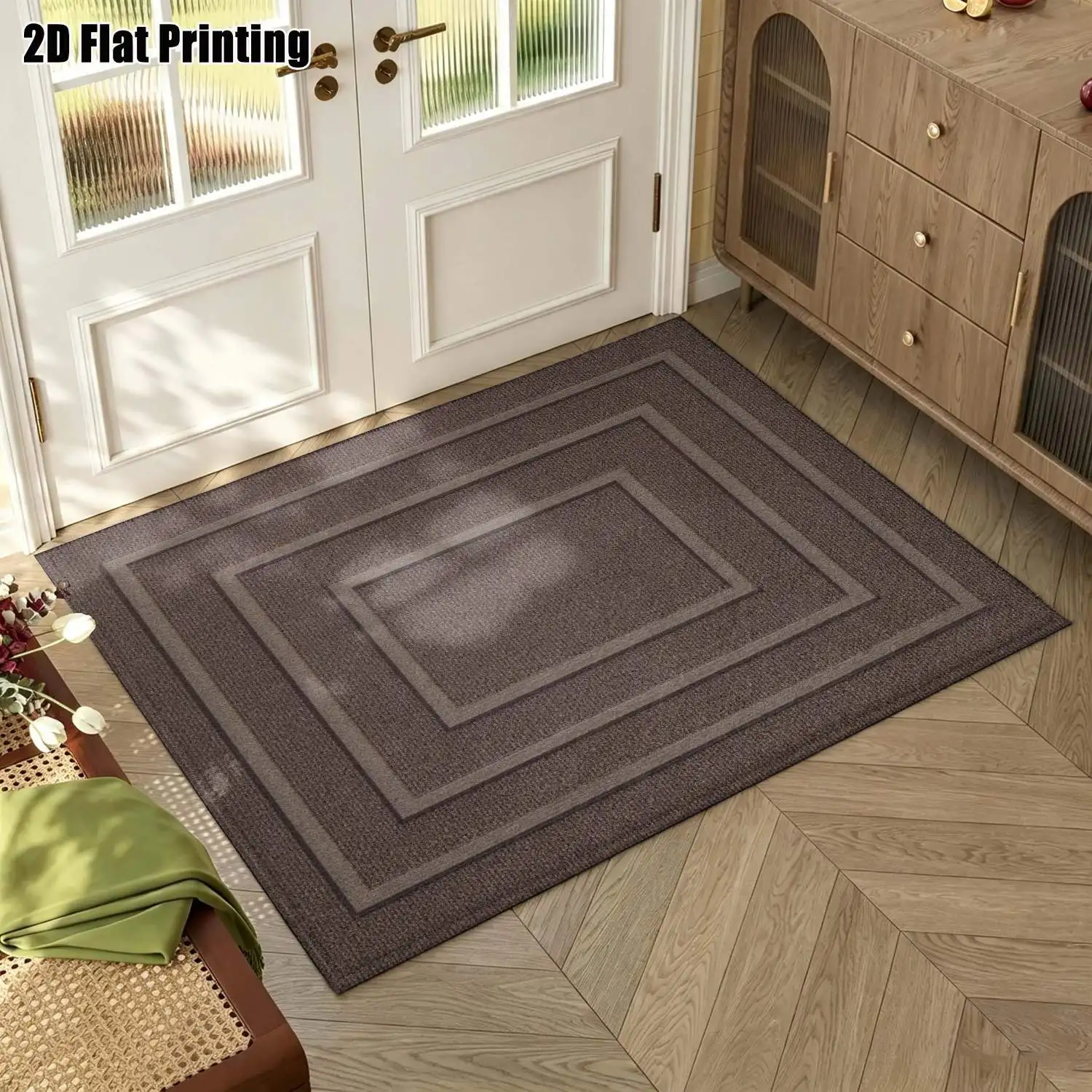 1Pc 2D Printed Deep Brown Geometric Frame Pattern Carpet Nordic/European Style, Modern Simple, Instagram-Inspired Floor Mat. Home Decor, Multi-Size, Machine Washable. For Entrance, Dining Room, Foyer, Bedroom, Living Room.
