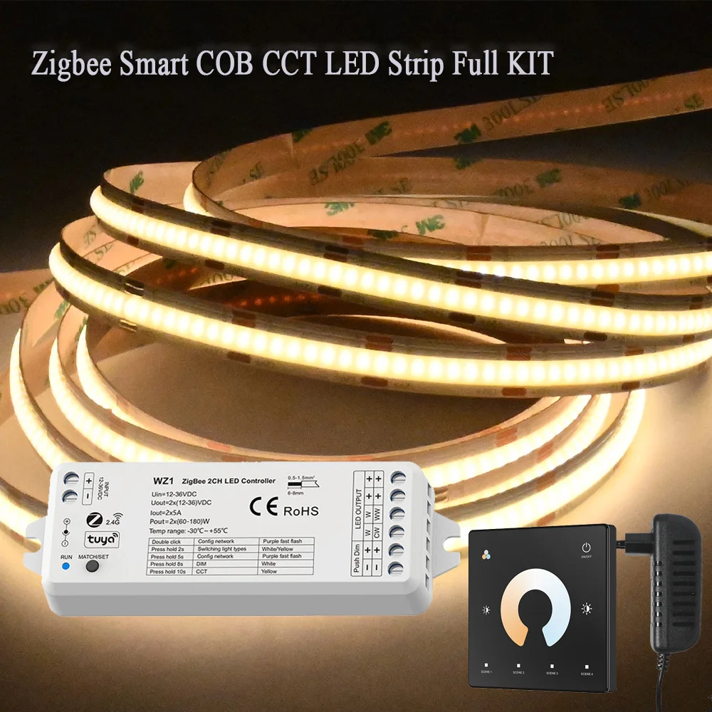 

Zigbee Smart COB CCT Led Strip Full Kit SMD COB Dimmable Strip 2.4G RF Touch Panel Remote APP Control for Alexa Google Assistant