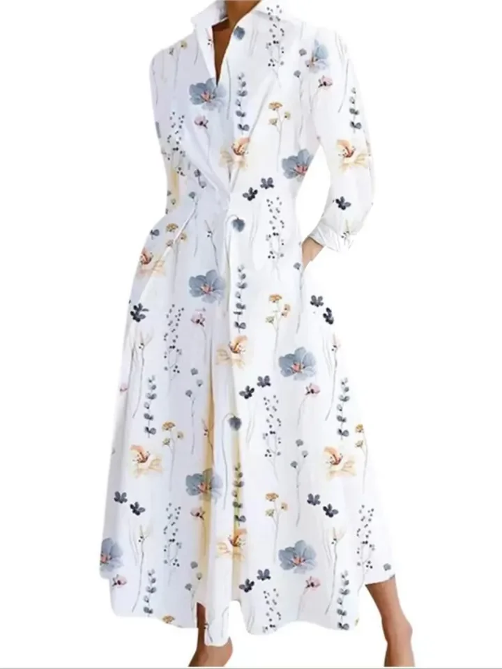 

Spring Autumn New Women's Fashion Nine Sleeve Long Sleeve Sexy V-neck Printed Casual Pocket Long Dress