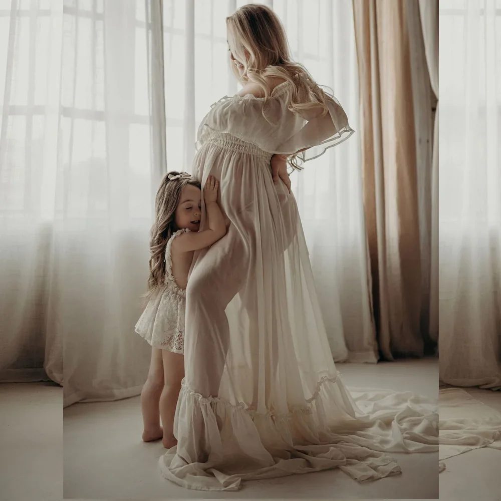 

Pregnant Women Dresses Photography Studio Clothing Sexy Transparent Off Shoulder Chiffon Ruffle Edge Dress Maternity Photoshoot