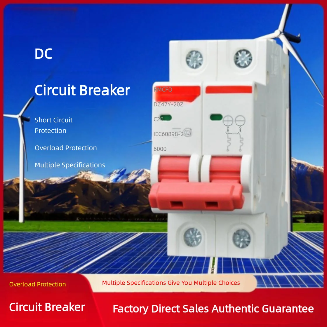 DC1000V 2P Solar Photovoltaic Circuit Breaker 6-125A Mini MCB DC Air Switch Overload Protection for PV System
