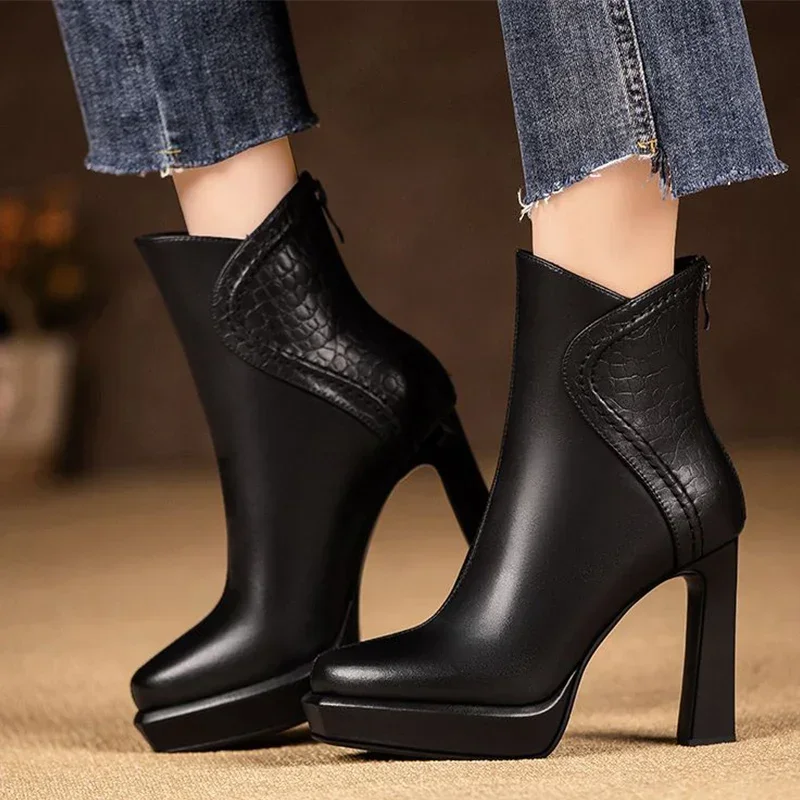 

Pointed Toe Platform Women Snow Ankle Boots High Heels Fashion Sexy Pumps Designer Leather Chelsea Boots 2024 Winter New Trend