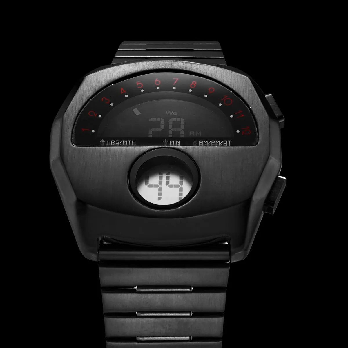 Retro Futuristic Stainless Steel Electronic Watch for Men with Dual Window Display Waterproof Casual Cool Digital Wristwatch
