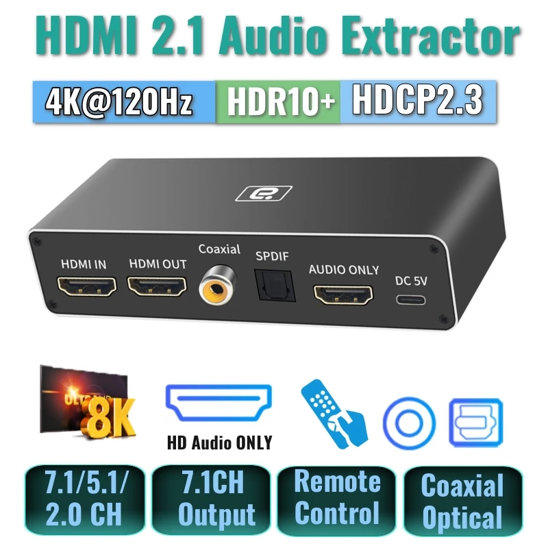 Extrator de áudio Conversor DAC, Coaxial óptico, 8K @ 60Hz HD, MI2.1, 4K @ 120Hz, 7.1CH LPCM, AC3, Somente divisor DTSHD, CEC HDR10 + VRR