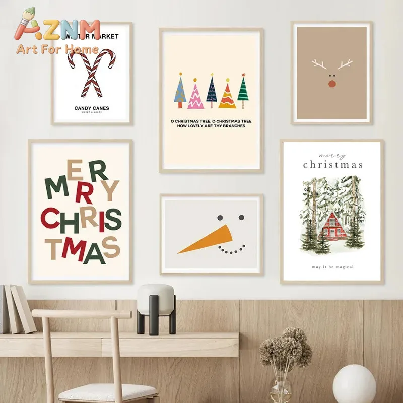 AZNM Retro Christmas Canvas Wall Art Funny Santa Quote Red Bow Vintage North Pole Ticket Holiday Xmas Unframed Canvas Home Decor