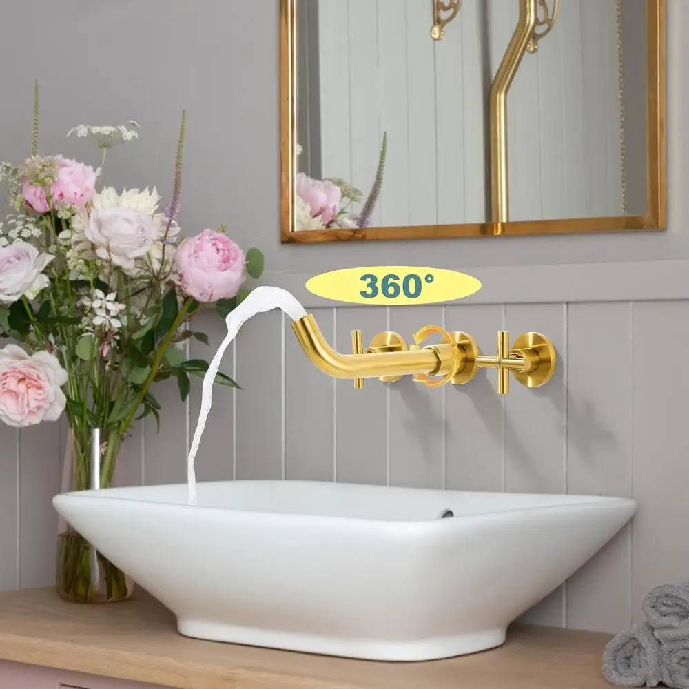 Rubinetto per lavabo a parete con montaggio a parete in oro spazzolato a 2 maniglie con valvola in ottone