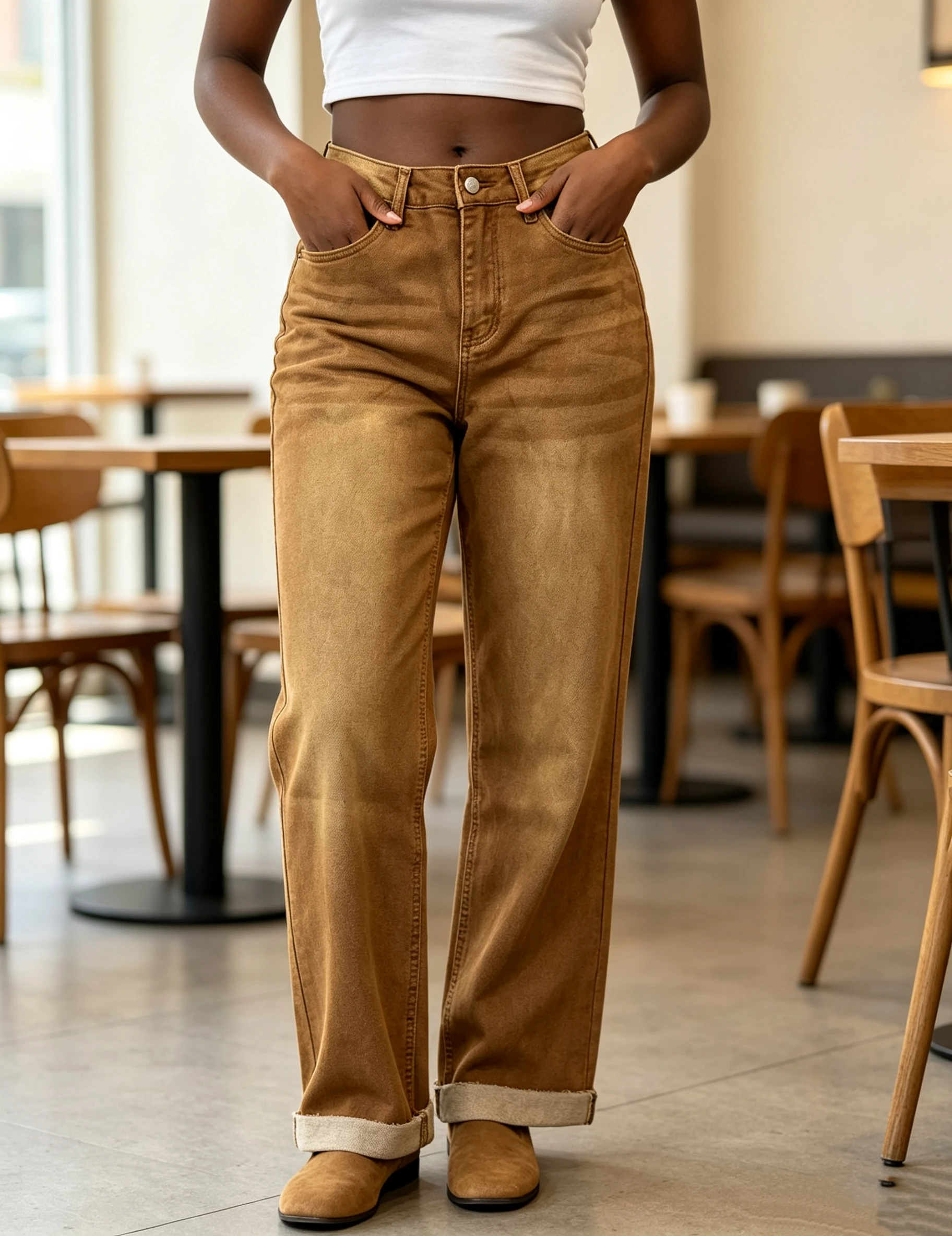 Autumn Brown High-Waisted Straight-Leg Jeans for Women, Retro Rolled-Edge Loose Slimming Casual Pants