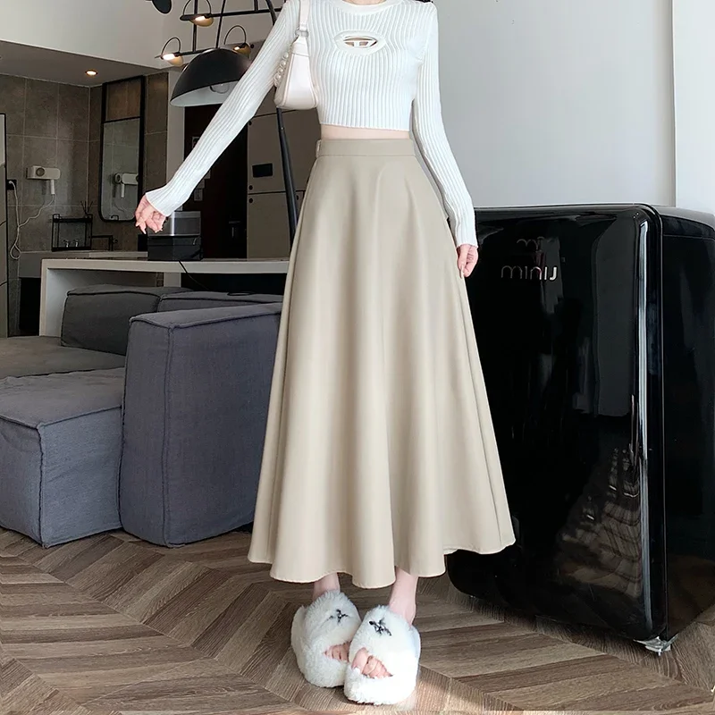 New PU Leather Skirt Women 2024 Autumn Winter A-line Slim Midi Long Skirt Casual Streetwear