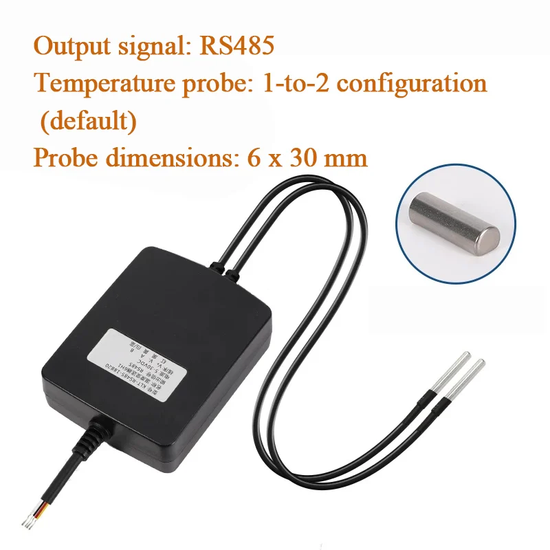 Multi-channel temperature acquisition and communication module with RS485, 18B20 temperature sensor probe, and transmitter.