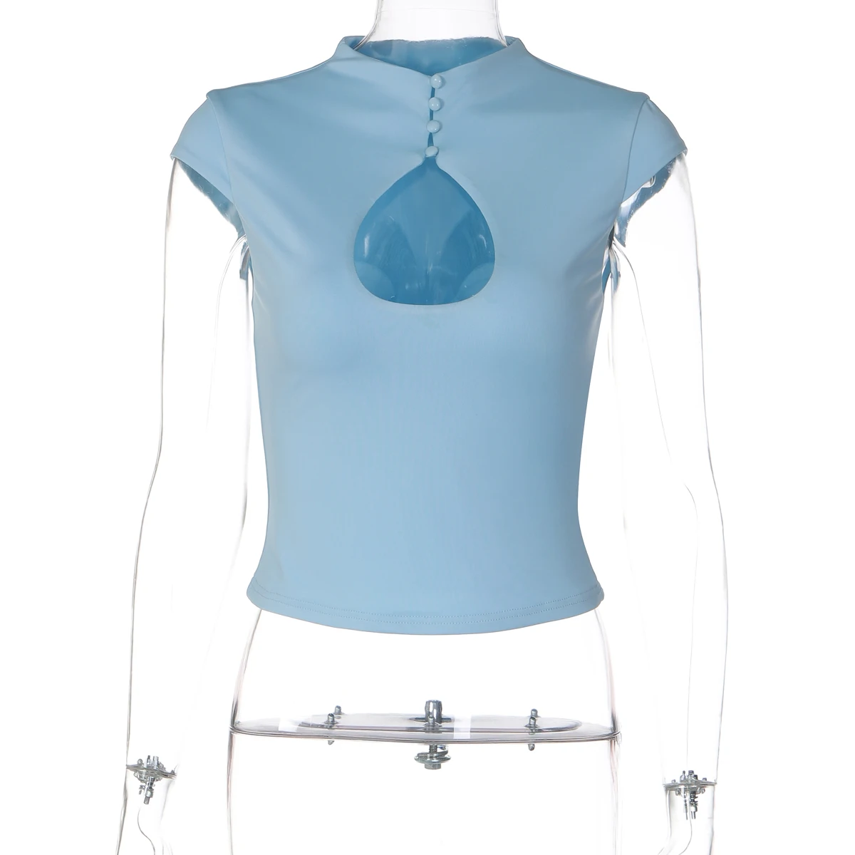 Hugcitar Modisches, einfarbiges, kurzärmliges, mit Knöpfen und Aussparungen verziertes, sexy Crop-Tanktop für den Sommer – Damen-Outfit für Streetwear, Party, Club, Y2K – Detail 2
