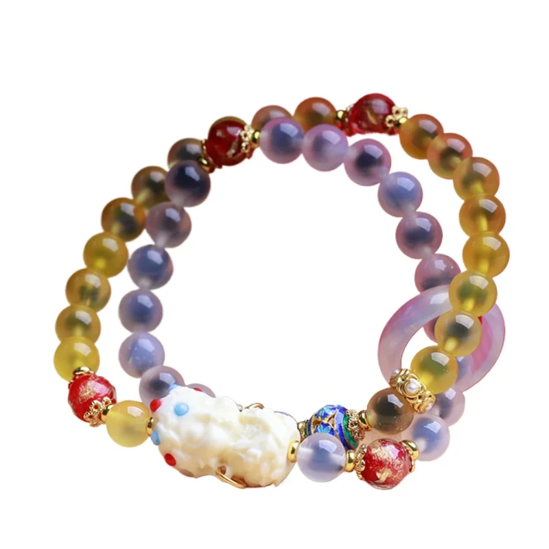 

*Glass Sugar Heart Agate Double Loop Bracelet with Yellow Sugar Heart Agate White Agate Double Loop Bracelet Gift Wholesale