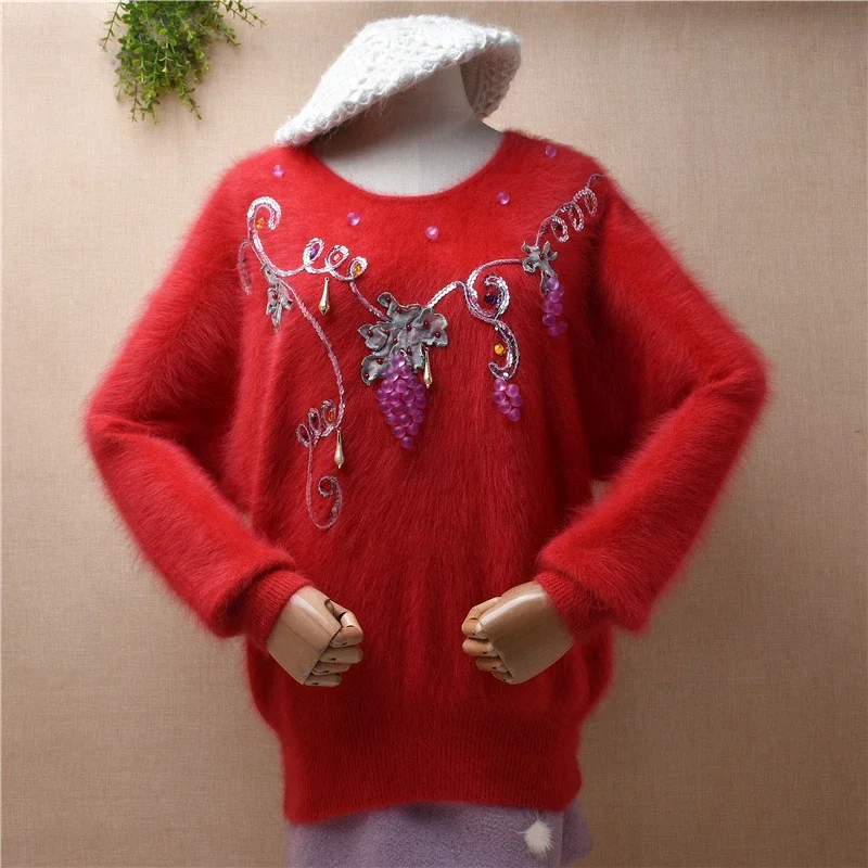 Female Women Fashion Grapes Embroidery Hairy Angora Rabbit Hair Knitted Long Batwing Sleeves O-Neck Loose Pullover Sweater Pull