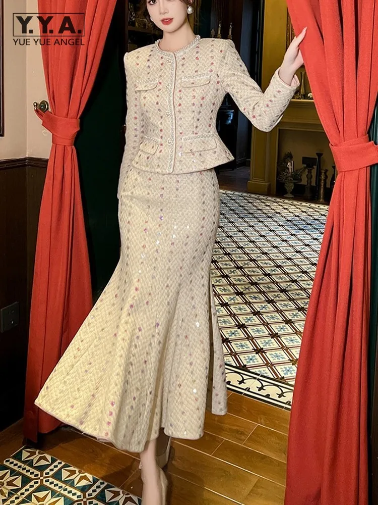 

French Style Elegant Women New Tops Single Breasted Jacket High Waist Fishtail Skirt Two Piece Set Casual Lady Slim Fit Outfits