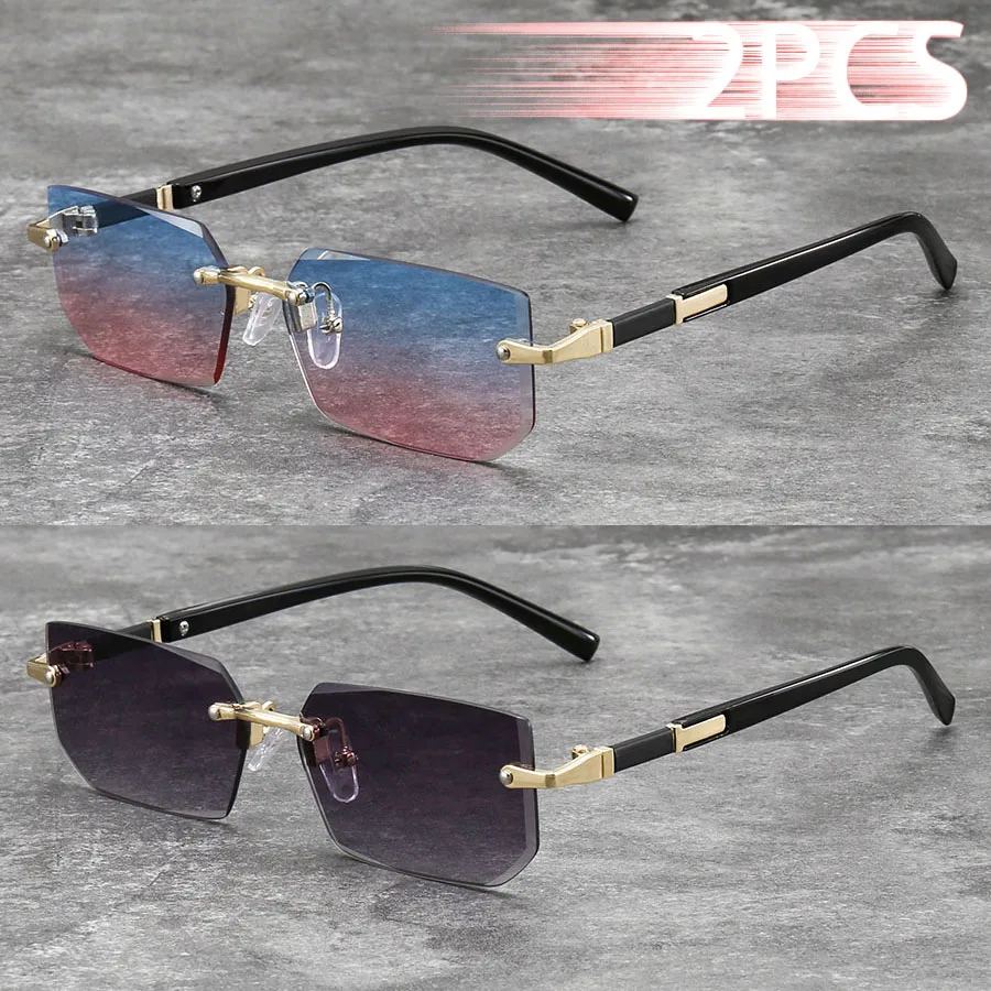 2 Stück randlose Unisex-Schutzbrille mit rechteckiger Farbverlaufslinse, farbige Gläser, Metallrahmen, modische Brille für Männer und Frauen