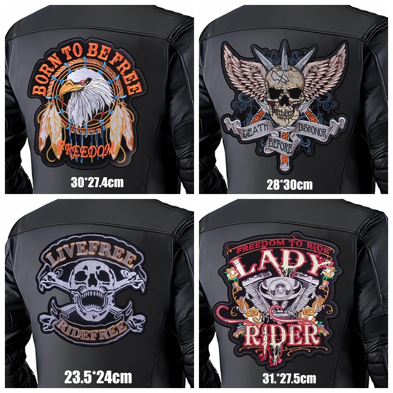 Large Embroidered Patch Punk Biker Motorcycle Back Patches Skull Iron On Patches For Clothing thermoadhesive Patches Jeans DIY