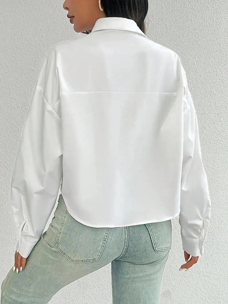 Zadily 2025 Autumn Women's White Turn-Down Collar Long Sleeve Cropped Shirt with Pocket Casual Loose Blouse Clothing