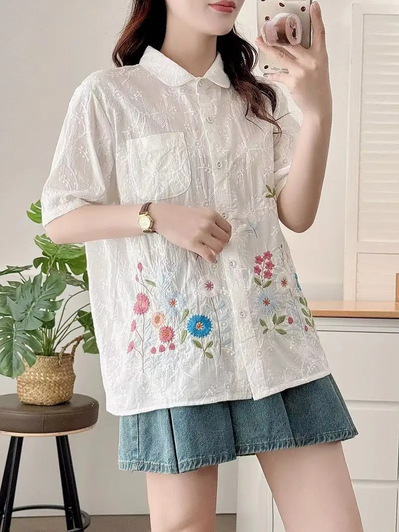 2025 Summer Japanese Sweet Mori Girl Cartoon Flower Embroidery Shirts Women Turn Down Collar Short Sleeve Casual Blouse Tops