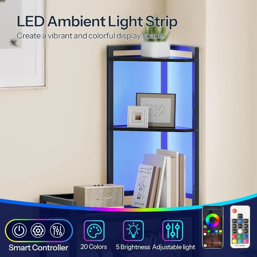 5Tier Corner Shelf Stand Corner Shelf with LED Light 56.3 Tall Corner Bookshelf Display Rack Storage Organizer with Table for S