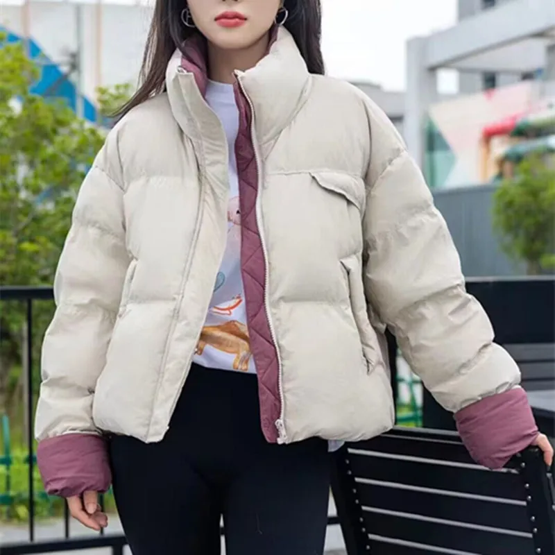 

White goose down down jacket new women's short color contrast thickened casual style standing collar bread jacket warm jacket