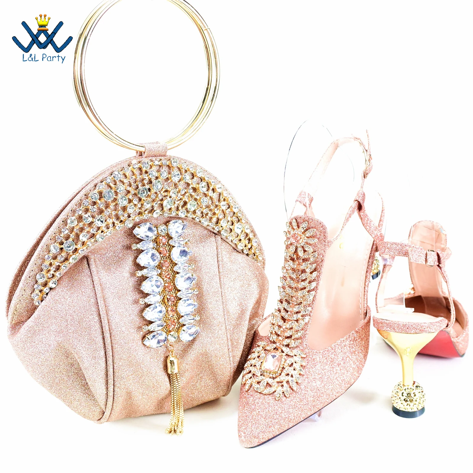 

Mature Fashionable Party Shoes and Bag Set in Champagne Color High Quality Comfortable Heels with Shinning Crystal for Party