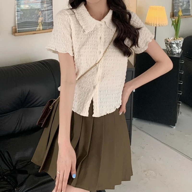 Preppy Sweet Youthful Collar Short Sleeve Shirt For Girls Korean Style Slimming Versatile Top 2026 New Arrival