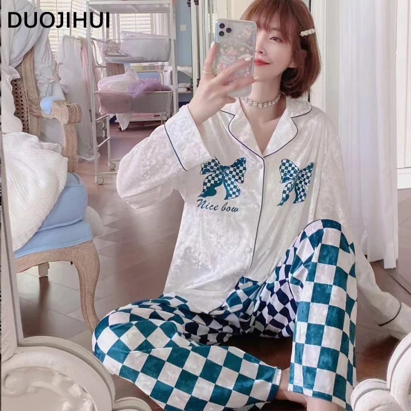 DUOJIHUI Fashion 4-colors Two Piece Pajamas for Women Autumn Elegant Cardigan Long Loose Pant Simple Casual Female Sleepwear Set