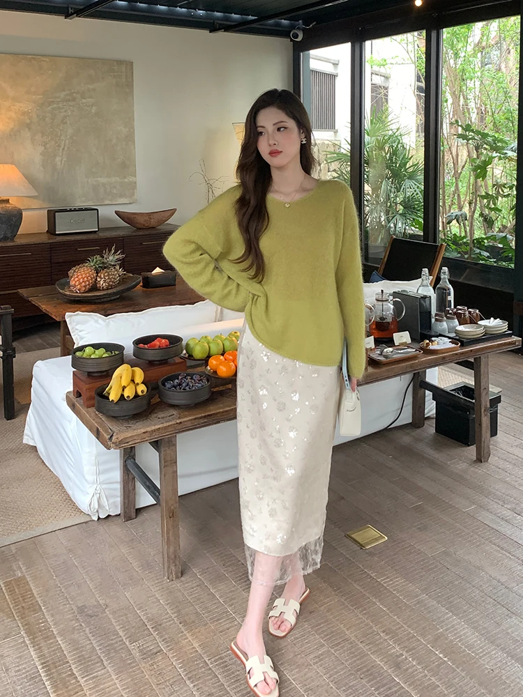 

RUCOO White Sequin Lace High Waist Midi Skirt Split Ba over Knee Korean Sle Commute Polyester Fiber Straight Tube Skirt