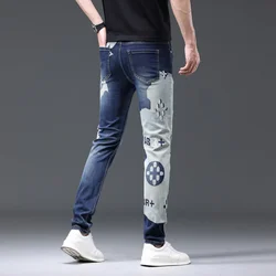 Color Matching Printed Jeans Men's Trend Fashion Street Quality Men's Personalized Embroidery Slim-Fit Stretch Trousers