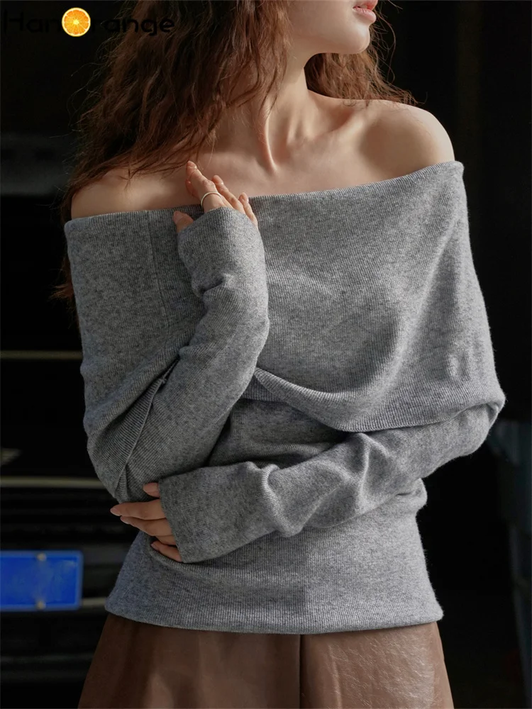 

HanOrange 2024 Winter Fashion Slash Neck Off Shoulder Sweater Women Slim Soft Knitted Top Female Grey/White/Black/Oatmeal